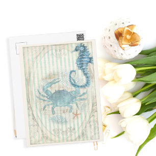 Vintage Nautical Crab and Seahorse  Postcard