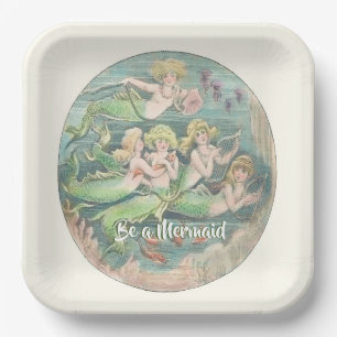 Vintage Nautical Fantasy Mermaids, square  Paper Plate
