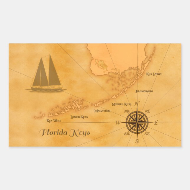 Vintage Nautical Florida Keys Map Rectangular Sticker (Front)