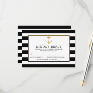 Vintage Nautical Gold Anchor, Black & Gold Wedding RSVP Card