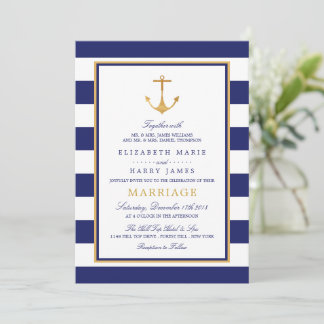 Vintage Nautical Gold Anchor, Navy & Gold Wedding Invitation