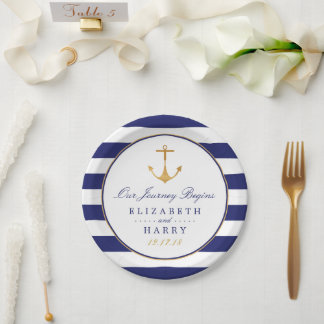 Vintage Nautical Gold Anchor, Navy & Gold Wedding Paper Plate