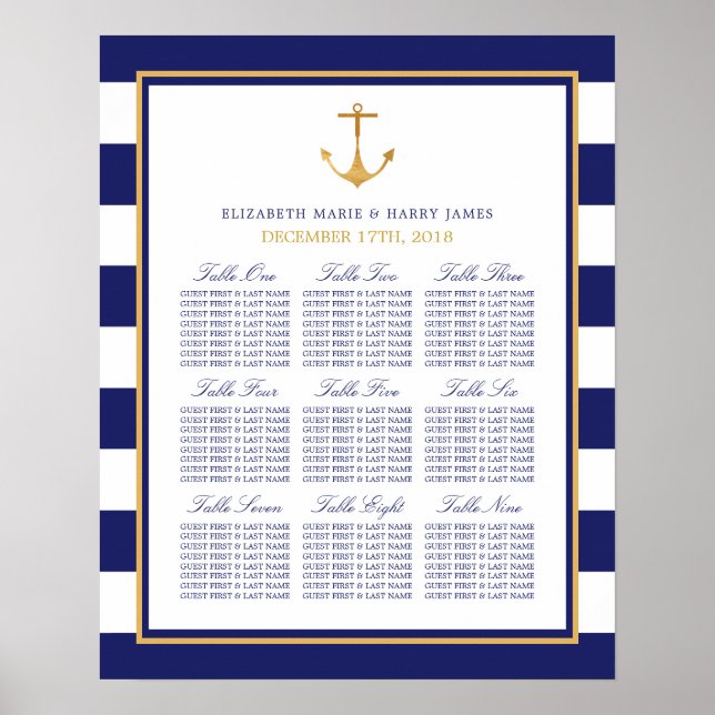 Vintage Nautical Gold Anchor Wedding Seating Chart (Front)
