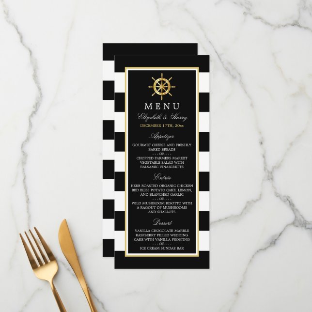 Vintage Nautical Gold Wheel, Black & Gold Wedding Menu (Front/Back In Situ)