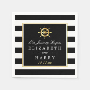 Vintage Nautical Gold Wheel, Black & Gold Wedding Napkin