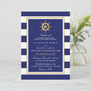 Vintage Nautical Gold Wheel, Navy & Gold Wedding Invitation