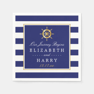 Vintage Nautical Gold Wheel, Navy & Gold Wedding Napkin