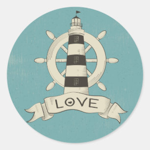 Vintage Nautical  Lighthouse & Ship Anchor Teal Classic Round Sticker
