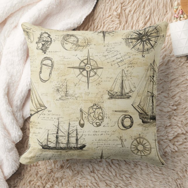 Vintage Nautical Map Pattern with Ships & Compass Cushion (Blanket)