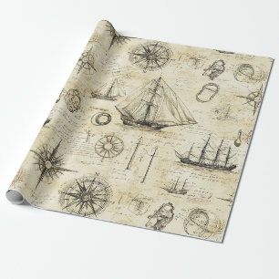 Vintage Nautical Map Pattern with Ships & Compass Wrapping Paper