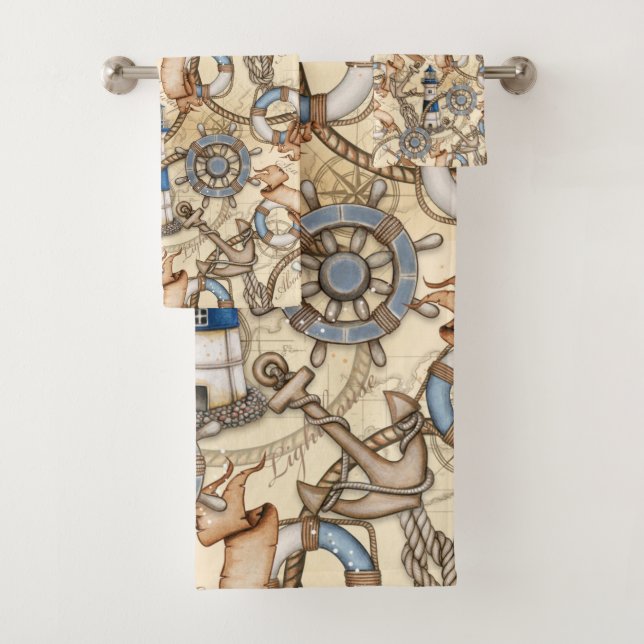 Vintage Nautical Navigation Map Collage Bath Towel Set (Insitu)