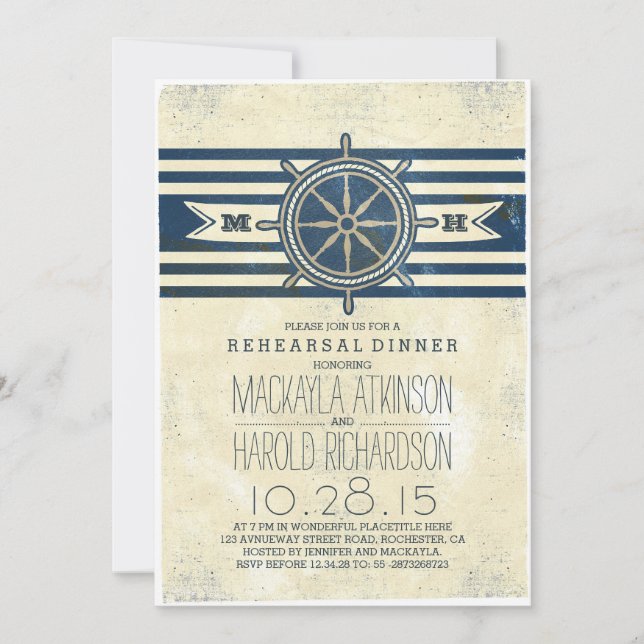 vintage nautical navy rehearsal dinner invitation (Front)
