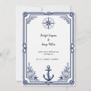 Vintage Nautical Navy Wedding Compass Invitation