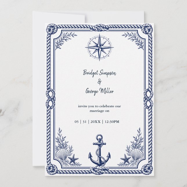 Vintage Nautical Navy Wedding Compass Invitation (Front)