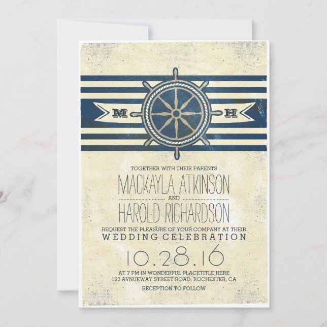 vintage nautical navy wedding invitation (Front)