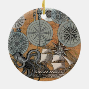Vintage Nautical Octopus Sailing Art Print Graphic Ceramic Tree Decoration