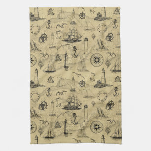 Vintage Nautical Old Map Pattern Seafaring Tea Towel