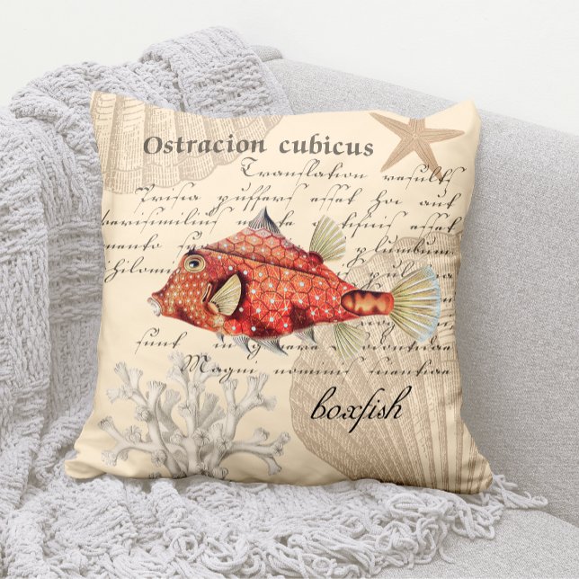 Vintage Nautical Orange Boxfish Illustration Cushion (Vintage Orange Boxfish Illustration Throw Pillow)