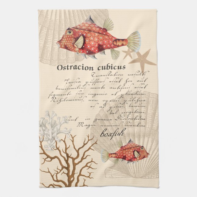 Vintage Nautical Orange Boxfish Illustration Tea Towel (Vertical)
