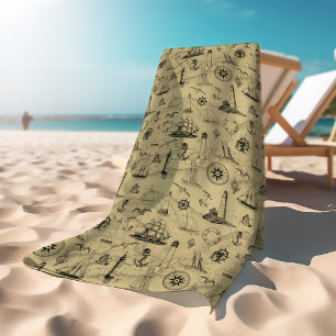 Vintage Nautical Pattern Old Map Background Beach Towel