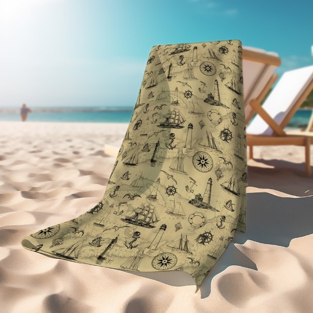 Vintage Nautical Pattern Old Map Background Beach Towel (Creator Uploaded)