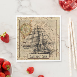 Vintage Nautical Sailing Ship Navigation Map Napkin