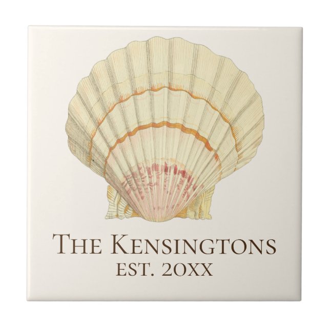 Vintage Nautical Scallop Seashell Family Name Tile (Front)