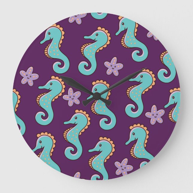 Vintage Nautical Seahorse Pattern Large Clock (Front)