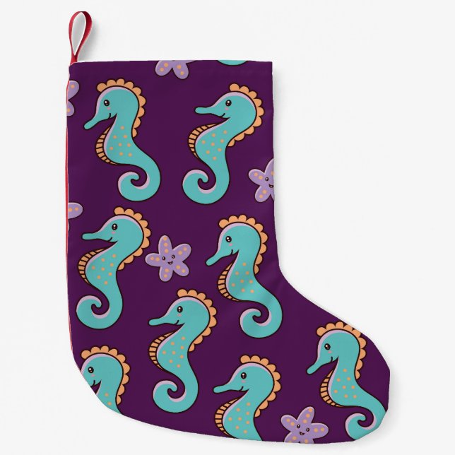 Vintage Nautical Seahorse Pattern Small Christmas Stocking (Front)