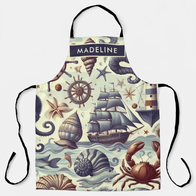 Vintage Nautical Sealife Illustration Apron (Front)