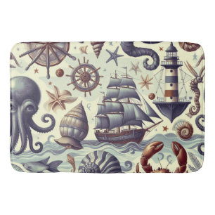 Vintage Nautical Sealife Illustration Bath Mat