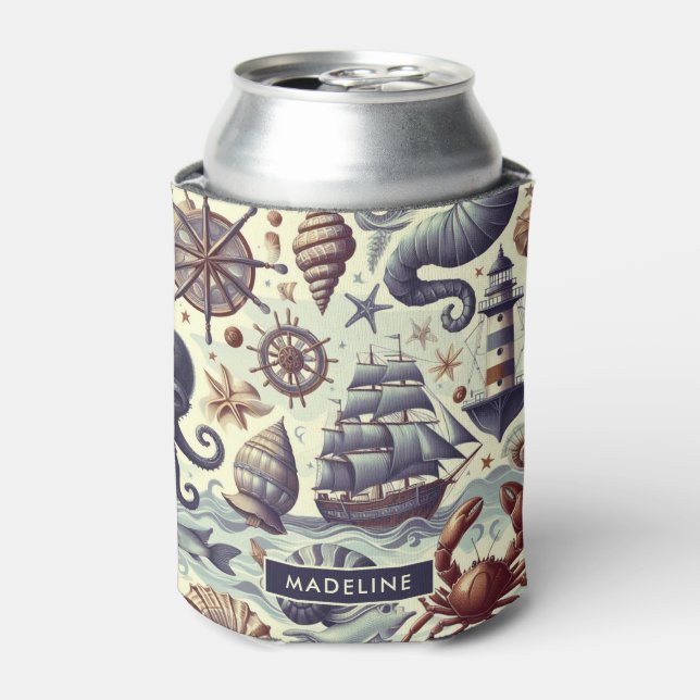 Vintage Nautical Sealife Illustration Can Cooler (Can Front)