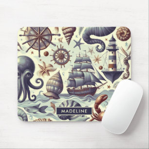 Vintage Nautical Sealife Illustration Mouse Mat