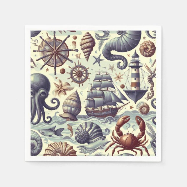 Vintage Nautical Sealife Illustration Napkin (Front)