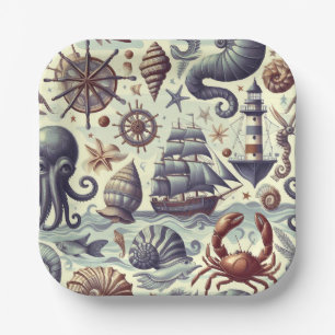 Vintage Nautical Sealife Illustration Paper Plate