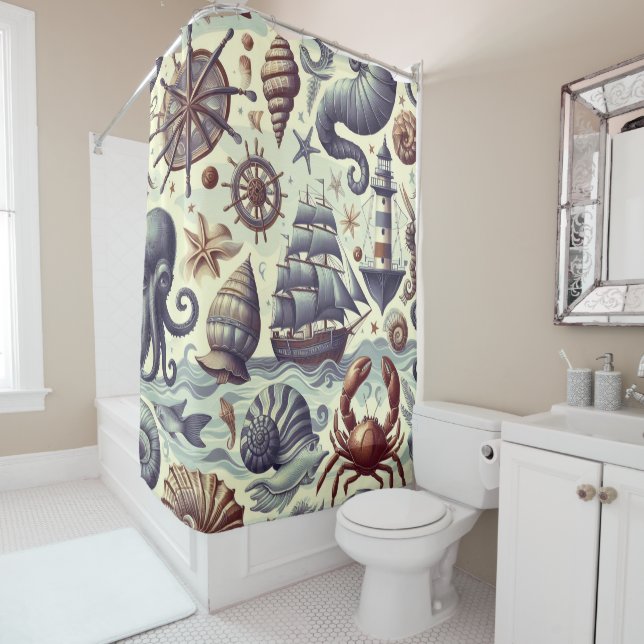 Vintage Nautical Sealife Illustration Shower Curtain (In Situ)