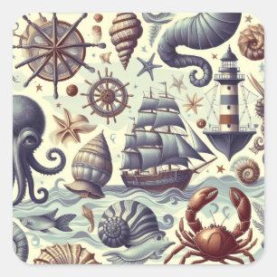 Vintage Nautical Sealife Illustration Square Sticker