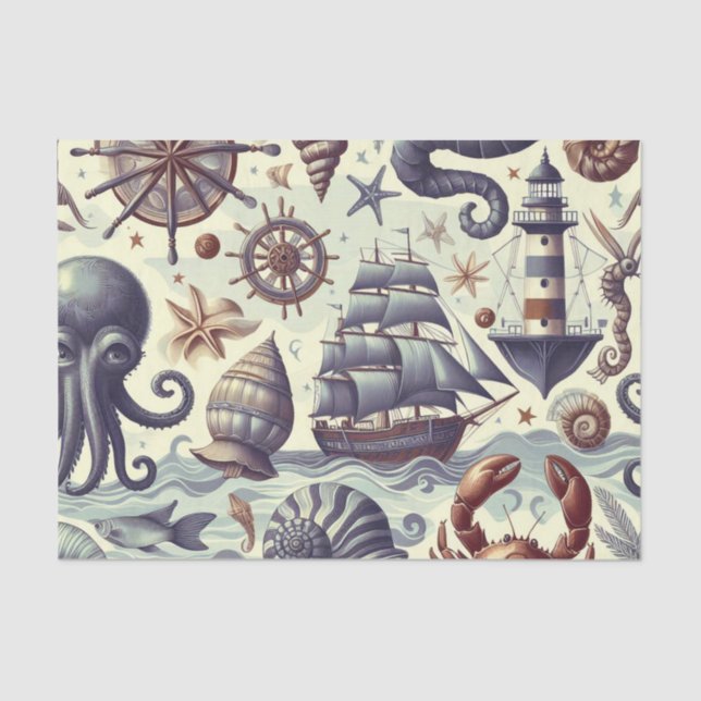 Vintage Nautical Sealife Illustration Tissue Paper (Front)