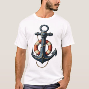 Vintage Nautical Ship Anchor & Lifebuoy Graphic - T-Shirt