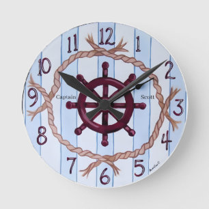 Vintage Nautical Ship Wheel Coastal Stripe Custom  Round Clock