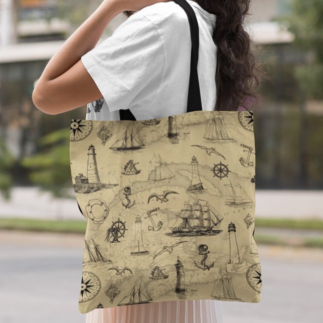 Vintage Nautical Ships and Lighthouses Tote Bag (Creator Uploaded)