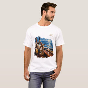 Vintage Nautical T-Shirt – Ship Wheel and Ocean