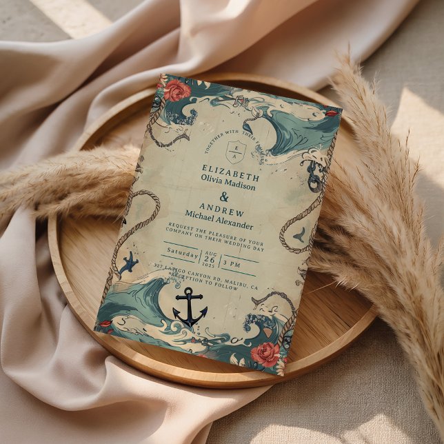 Vintage Nautical Waves & Rope Wedding Invitation (Creator Uploaded)