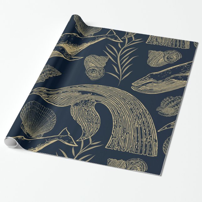 Vintage Nautical Whale Blue  Wrapping Paper (Unrolled)