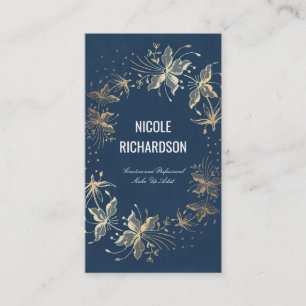 Vintage Navy and Gold Floral Wreath Glitter Dots Business Card