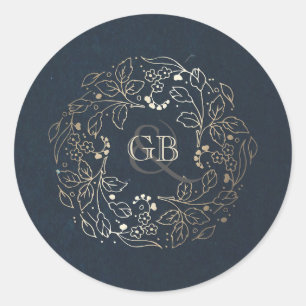 Vintage Navy and Gold Floral Wreath Wedding Classic Round Sticker