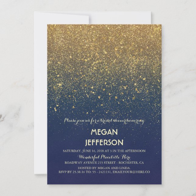 Vintage Navy and Gold Glitter Bridal Shower Invitation (Front)
