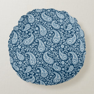 Vintage Navy and White Floral Paisley Round Cushion