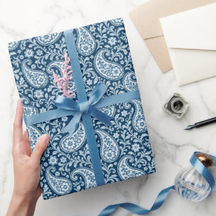 Vintage Navy and White Floral Paisley Wrapping Paper
