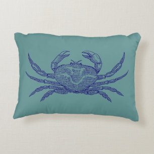 Vintage Navy Blue and Ocean Green Sea Crab Decorative Cushion
